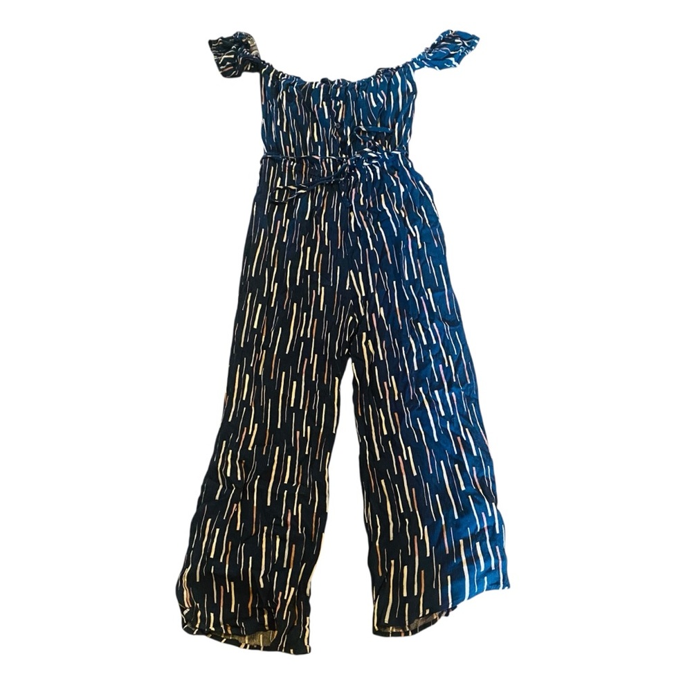 LULUS True Radiance Navy Blue Multi Print Off-the-Shoulder Jumpsuit S - Picture 2 of 6
